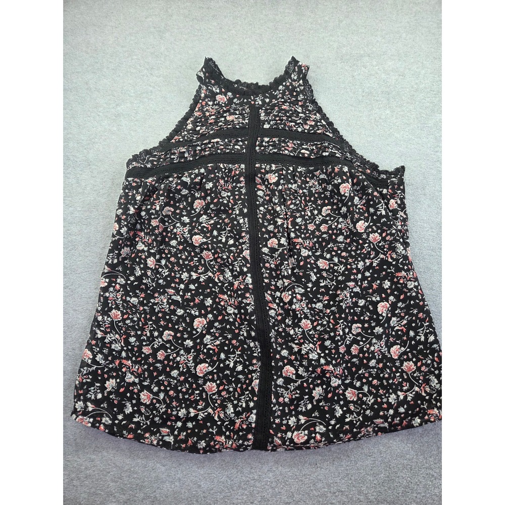 Maeve Womens Floral Halter Pleated Lace Trim Top Medium Black Boho Cottagecore
